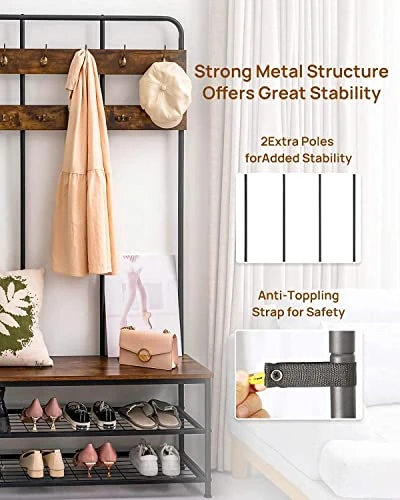 QCen Entryway Bench With Coat Rack ,Shoe Rack Storage Shelf Organizer Industrial Hall Tree 72 Inch With Storage Bench 12 Hooks, Wood Look Accent Furniture With Metal Frame 5 QCen Entryway Bench With Coat Rack ,Shoe Rack Storage Shelf Organizer Industrial Hall Tree 72 Inch With Storage Bench 12 Hooks, Wood Look Accent Furniture With Metal Frame - Image 5