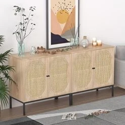 XIAO WEI Sideboard With Handmade Natural Rattan Doors, Rattan Cabinet Console Table Storage Cabinet Buffet Cabinet, For Kitchen, Living Room, Hallway, Entryway, Black -Songmics Furniture Shop 51PFylnBUrL. AC