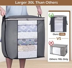 SLEEPING LAMB 120L Oversized Blanket Storage Bags Sturdy Fabric Clothes Storage Containers For King Comforter Bedding Pillow Sheet, Grey, 3 Packs