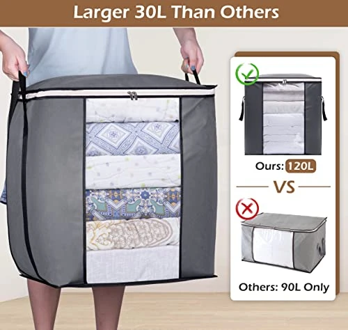 SLEEPING LAMB 120L Oversized Blanket Storage Bags Sturdy Fabric Clothes Storage Containers For King Comforter Bedding Pillow Sheet, Grey, 3 Packs 1 SLEEPING LAMB 120L Oversized Blanket Storage Bags Sturdy Fabric Clothes Storage Containers For King Comforter Bedding Pillow Sheet, Grey, 3 Packs
