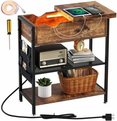 Novson End Table With Charging Station Side Table With USB Ports And Outlets Narrow Nightstand For Small Spaces, Bedside Table With Storage Shelf For Living Room, Bedroom,Rustic Brown 6 Novson End Table With Charging Station Side Table With USB Ports And Outlets Narrow Nightstand For Small Spaces, Bedside Table With Storage Shelf For Living Room, Bedroom,Rustic Brown - Image 6