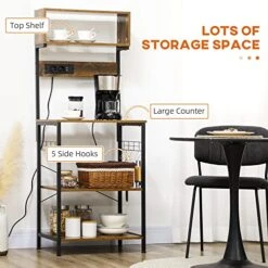 HOMCOM Kitchen Bakers Rack With Power Outlet, USB Charger, Microwave Stand, Coffee Bar With Adjustable Shelves, 5 Hooks For Spices, Pots And Pans, Rustic Brown -Songmics Furniture Shop 51PRdugw3uL