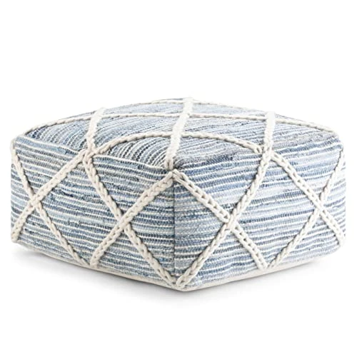 SIMPLIHOME Cowan Square Pouf, Footstool, Upholstered In Blue, Natural Handloom Woven Wool And Cotton, For The Living Room, Bedroom And Kids Room, , 1 SIMPLIHOME Cowan Square Pouf, Footstool, Upholstered In Blue, Natural Handloom Woven Wool And Cotton, For The Living Room, Bedroom And Kids Room, ,