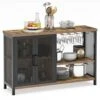 WiberWi Buffet Cabinet Coffee Bar Table Storage Cabinet, Farmhouse Buffet Station Sideboard With Liquor And Glasses Rack, Credenza Cupboard For Kitchen Dining Living Room, Rustic Brown