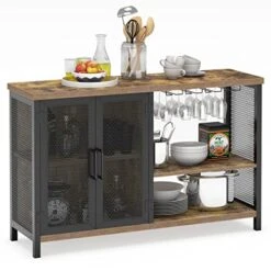 WiberWi Buffet Cabinet Coffee Bar Table Storage Cabinet, Farmhouse Buffet Station Sideboard With Liquor And Glasses Rack, Credenza Cupboard For Kitchen Dining Living Room, Rustic Brown