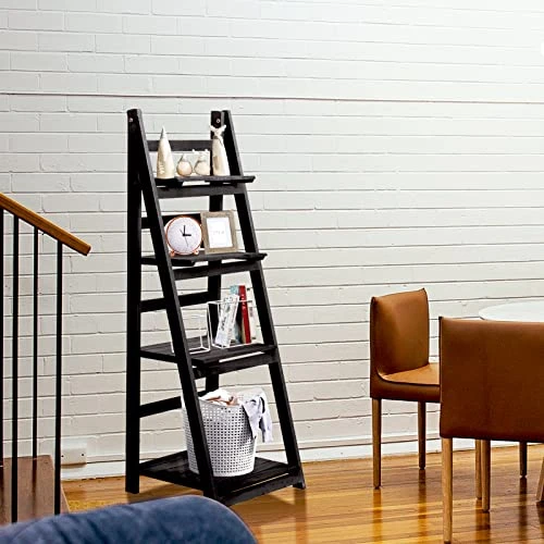 Babion Ladder Shelf, 4-Tier Bookshelf, Industrial Leaning Bookshelves Ladder Bookcase Wooden Shelf With Stable Frame Plant Stand Storage Rack Shelf For Kitchen, Bathroom-Black 4 Babion Ladder Shelf, 4-Tier Bookshelf, Industrial Leaning Bookshelves Ladder Bookcase Wooden Shelf With Stable Frame Plant Stand Storage Rack Shelf For Kitchen, Bathroom-Black - Image 4