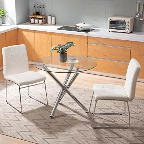 Round Glass Dining Table For 2 To 4 Person - 35.4" Inch Kitchen Dining Room Table With Tempered Glass Top, Sturdy Chrome Legs, Modern Circle Leisure Table For Dinner Apartment Small Spaces 15 Round Glass Dining Table For 2 To 4 Person - 35.4" Inch Kitchen Dining Room Table With Tempered Glass Top, Sturdy Chrome Legs, Modern Circle Leisure Table For Dinner Apartment Small Spaces - Image 15