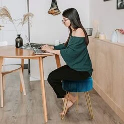 Modern Velvet Round Footstool Ottoman, Peacock Blue Velvet Ottoman Vanity Stool Foot Rest With Gold Legs, Upholstered Pleated Vanity Chair Ottoman, Makeup Stools For Vanity, Footrest For Living Room -Songmics Furniture Shop 51PqPfmIfoL