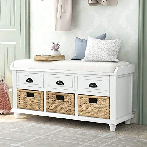 SOFTSEA Oragnizer Storage Bench With 3 Drawers Home Collection Entryway Bench With 3 Rattan Baskets And Removable Cushion For Hallway, Living Room, Shoe Bench Full Assemble(White) 12 SOFTSEA Oragnizer Storage Bench With 3 Drawers Home Collection Entryway Bench With 3 Rattan Baskets And Removable Cushion For Hallway, Living Room, Shoe Bench Full Assemble(White) - Image 12