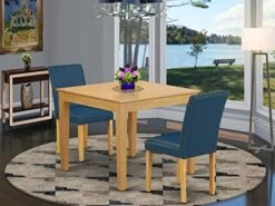East West Furniture OXAB3-OAK-55 3Pc Dinette Set Includes A Square 36 Inch Kitchen Table And 2 Parson Chair With Oak Leg And PU Leather Color Oasis