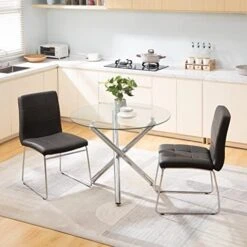 SICOTAS Dinner Table Set For 4 - Round Glass Kitchen Table With 4 Chairs, Modern Dining Table Set With Metal Legs, 5 Piece Dinning Room Table Set For Apartment Kitchen, Dining Room, Black -Songmics Furniture Shop 51Q85TYTBfL. AC