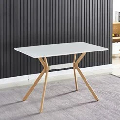 White Dining Table, Simple Modern Kitchen Table With Metal Shelf&Transfer Legs, Office Table, White