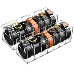 AFOROEOA 2Pack Belt Organizer, Acrylic Belt Storage Holder 7 Compartments Clear Belt Display Case Belt Container Holder For The Closet Drawer Bow Tie Watch Jewelry Bracelets Ring Cosmetic