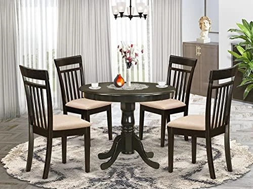 East West Furniture Wooden Dining Table Set- 4 Great Dining Room Chairs - A Lovely Round Dining Table- Faux Leather Seat And Cappuccino Finish Round Wooden Table 12 East West Furniture Wooden Dining Table Set- 4 Great Dining Room Chairs - A Lovely Round Dining Table- Faux Leather Seat And Cappuccino Finish Round Wooden Table - Image 12