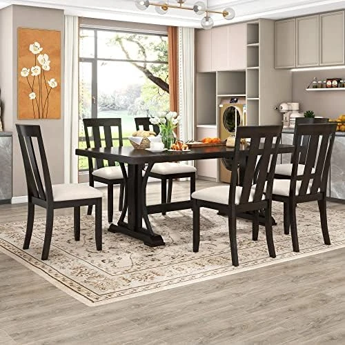 CITYLIGHT 7 Piece Dining Table Set Extendable Table With 18” Leaf And 6 Chairs, Wood Rectangular Dining Room Set, Retro Industrial Style Kitchen Dining Table Set For 6~8 People (Espresso) 10 CITYLIGHT 7 Piece Dining Table Set Extendable Table With 18” Leaf And 6 Chairs, Wood Rectangular Dining Room Set, Retro Industrial Style Kitchen Dining Table Set For 6~8 People (Espresso) - Image 10