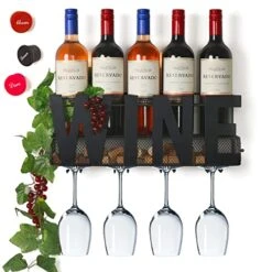SODUKU Wall Mounted Metal Wine Rack 4 Long Stem Glass Holder & Wine Cork Storage Wine