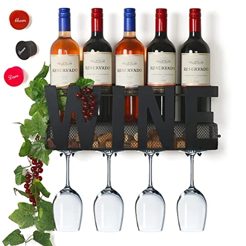 SODUKU Wall Mounted Metal Wine Rack 4 Long Stem Glass Holder & Wine Cork Storage Wine 1 SODUKU Wall Mounted Metal Wine Rack 4 Long Stem Glass Holder & Wine Cork Storage Wine