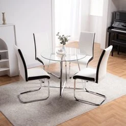 5 Pieces Dining Table And Chairs Set - Modern Round Dining Room Table With 4 Leather Chairs - Tempered Glass Table Top And Chrome Legs Kitchen Table Set For Small Space - White -Songmics Furniture Shop 51QWKsHqSML