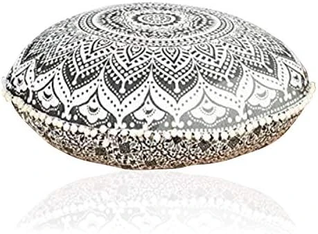 Rajasthaniartdecor Round Pouf Cover Cushion Cotton With Pom Meditetion Seating For Living Dorm Room Color Size 32 Inch Inches (Cover Only) (Blue Gold), RADC003-V, Inches(80 Cm) 9 Rajasthaniartdecor Round Pouf Cover Cushion Cotton With Pom Meditetion Seating For Living Dorm Room Color Size 32 Inch Inches (Cover Only) (Blue Gold), RADC003-V, Inches(80 Cm) - Image 9