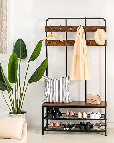 QCen Entryway Bench With Coat Rack ,Shoe Rack Storage Shelf Organizer Industrial Hall Tree 72 Inch With Storage Bench 12 Hooks, Wood Look Accent Furniture With Metal Frame 2 QCen Entryway Bench With Coat Rack ,Shoe Rack Storage Shelf Organizer Industrial Hall Tree 72 Inch With Storage Bench 12 Hooks, Wood Look Accent Furniture With Metal Frame - Image 2