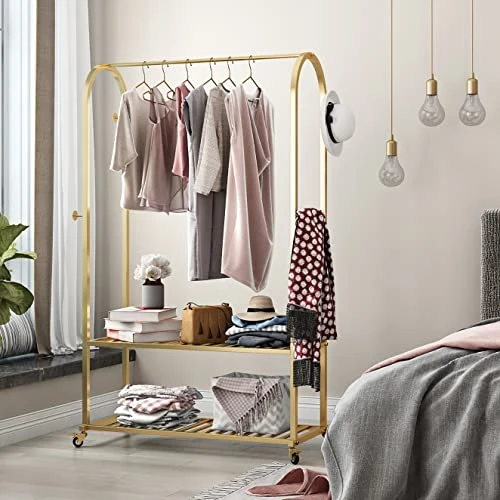 MaiRHK Gold Clothing Rack On Wheels Gold Display Rack With 2-tier Shelf Metal Hanging Rack Gold Clothes Rack For Boutique, Retail Or Home -gold 6 MaiRHK Gold Clothing Rack On Wheels Gold Display Rack With 2-tier Shelf Metal Hanging Rack Gold Clothes Rack For Boutique, Retail Or Home -gold - Image 6