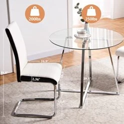 5 Pieces Dining Table And Chairs Set - Modern Round Dining Room Table With 4 Leather Chairs - Tempered Glass Table Top And Chrome Legs Kitchen Table Set For Small Space - White -Songmics Furniture Shop 51QpPsgfysL