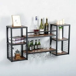 SUJIN Industrial Hanging Wine Rack Wall Mounted With 5 Stem Glass Holder,Rustic Wine Glass Rack Wine Glass Shelf,Floating Shelves Wine Bottle Holder