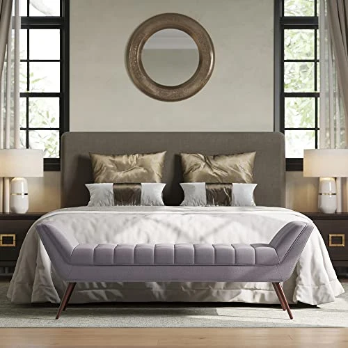 BELLEZE 63 Inch Mid Century Modern Ottoman, Contemporary Upholstered Linen Fabric Bench With Wood Legs, Accent Furniture For Living Room, Bedroom, Entryway - Moreno (Grey) 3 BELLEZE 63 Inch Mid Century Modern Ottoman, Contemporary Upholstered Linen Fabric Bench With Wood Legs, Accent Furniture For Living Room, Bedroom, Entryway - Moreno (Grey) - Image 3