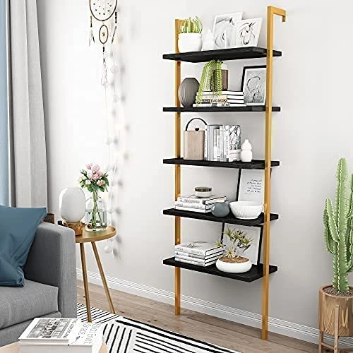 Hooseng Open Wall Mount Bookcase, Modern 5-Shelf Ladder Shelf W/Industrial Metal + Manufactured Wood Storage Organizer, Plant Display Rack, Stand Bookshelf For Home Office (Orange/Black) 2 Hooseng Open Wall Mount Bookcase, Modern 5-Shelf Ladder Shelf W/Industrial Metal + Manufactured Wood Storage Organizer, Plant Display Rack, Stand Bookshelf For Home Office (Orange/Black) - Image 2
