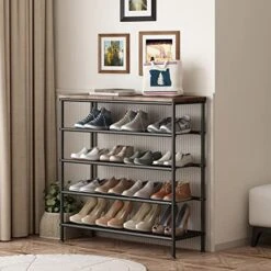INGIORDAR Shoe Rack Organizer 5 Tier Metal Organizer Shelf With Industrial MDF Board And Layer Fabric For Entryway Closet Bedroom Living Room Garage,Black & Rustic Brown (Black+Rustic Brown, 5 Tier) -Songmics Furniture Shop 51RHPN1iE3L