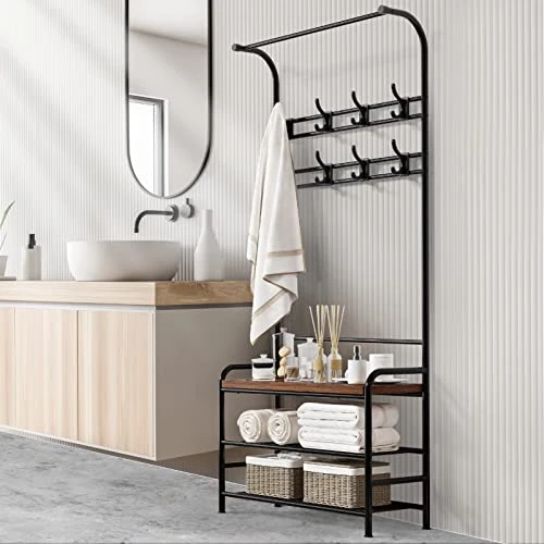 IDEALHOUSE Narrow Hall Tree Storage Bench For Entryway, Coat Rack Shoe Bench, 4-in-1 Coat Rack With Bench 3-Tier Storage Shelf And 8 Hooks, Coat Tree For Small Spaces, Entryway, Bedroom, Rustic 2 IDEALHOUSE Narrow Hall Tree Storage Bench For Entryway, Coat Rack Shoe Bench, 4-in-1 Coat Rack With Bench 3-Tier Storage Shelf And 8 Hooks, Coat Tree For Small Spaces, Entryway, Bedroom, Rustic - Image 2