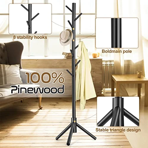 WANGMUXIA High-Grade Wooden Coat Rack, Freestanding Coat Rack With 8 Hooks And 3 Adjustable Size Tree Coat Racks For Bedroom, Hallway, Entrance, Office, For Hats, Coats, Scarves, Handbags 5 WANGMUXIA High-Grade Wooden Coat Rack, Freestanding Coat Rack With 8 Hooks And 3 Adjustable Size Tree Coat Racks For Bedroom, Hallway, Entrance, Office, For Hats, Coats, Scarves, Handbags - Image 5