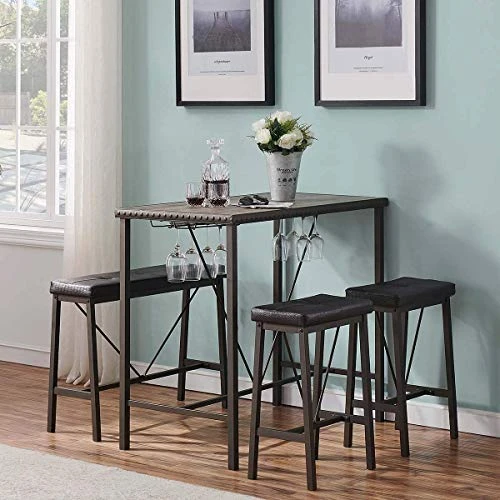 O&K FURNITURE Bar Table And Chairs Set Of 4, Industrial Dining Table Set With Glass Holder, Kitchen Table With Upholstered Bench And Stools, Counter Height Pub Table Set For Small Space(Gray) 5 O&K FURNITURE Bar Table And Chairs Set Of 4, Industrial Dining Table Set With Glass Holder, Kitchen Table With Upholstered Bench And Stools, Counter Height Pub Table Set For Small Space(Gray) - Image 5