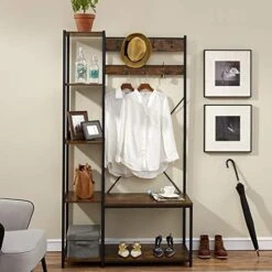VECELO Hall Trees, Coat Rack Stand, 4-in-1 Entry Furniture With Shoe Bench And 4 Side Shelves, 7 Hooks, X-Shape Stable Design For Storage And Dispaly, Metal Frame, Rustic Brown -Songmics Furniture Shop 51RSH5UcSOL