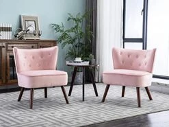 Altrobene Mid Century Modern Wingback Velvet Accent Chair Set Of 2 Wide Comfy Armless Corner Chair Tufted Slipper Chair For Living Room/Bedroom, Pink