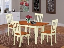 East West Furniture NOAN5-OAK-C 5-Piece Kitchen Dining Room Set - 4 Dining Room Chairs With Slatted Back And Linen Fabric Seat - A Dining Room Table With Rectangular Top (Oak Finish) -Songmics Furniture Shop 51RdU4qSyyL. AC