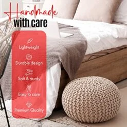 ELYFLAIR® Pouf Ottoman Hand Knitted – Elegant And Simple Knitted Pouf – Multipurpose Handmade Pouf Ottoman For Bedroom, Living Room – Comfortable Cotton Ottoman Foot Rest (Beige, 17,7⌀ Inches) -Songmics Furniture Shop 51RfFovaduL