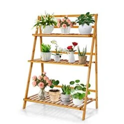 COSTWAY Bamboo Plant Stand, Foldable Multifunctional Flower Display Ladder Shelf, 3-Tier Storage Rack