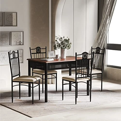 Tangkula 5 Pieces Dining Table And Chairs Set, Vintage Retro Wood Top Metal Frame Padded Seat Dining Table Set Home Kitchen Dining Room Furniture 2 Tangkula 5 Pieces Dining Table And Chairs Set, Vintage Retro Wood Top Metal Frame Padded Seat Dining Table Set Home Kitchen Dining Room Furniture - Image 2