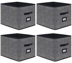 Onlyeasy Large Foldable Cloth Storage Cubes 4 Pack With Label Holders - Fabric Storage Bins Baskets Organizers For Home Office Nursery Cubby With Leather Handles, 13Wx15Dx13H Inch, Black, MXABXL04PLP
