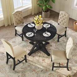 Merax 5-Piece Dining Table Set Round Table With Bottom Shelf And 4 Upholstered Chairs For Kitchen Dining Room（Espresso） -Songmics Furniture Shop 51S9AEglqOL. AC