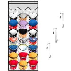 Kingdalux Baseball Hat Rack 24 Pocket For Wall Or Over The Door Cap Organizer With Clear Deep Pockets, For Hat Storage & Ballcap Caps Display Holder, Complete With Over Door Hooks