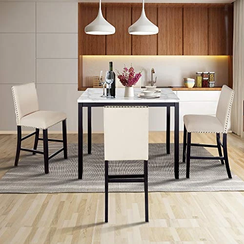 Harper & Bright Designs 5-Piece Faux Marble Top Dining Set, Counter Height Kitchen Table Set-Dining Table W/Faux Marble Top And 4 Beige High Back Upholstered Chairs W/Nailed Trim 4 Harper & Bright Designs 5-Piece Faux Marble Top Dining Set, Counter Height Kitchen Table Set-Dining Table W/Faux Marble Top And 4 Beige High Back Upholstered Chairs W/Nailed Trim - Image 4