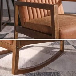 HNY Mid Century Rocking Nursery Chair With Wood Frames, Faux Leather Upholstered Farmhouse Living Room Armchair, For Living Room Bedroom, Light Brown -Songmics Furniture Shop 51SI9vGBB2L
