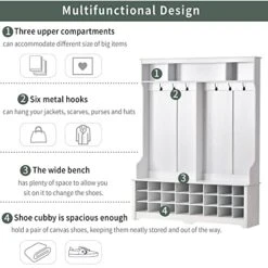 60" Wide Hall Tree With 24 Shoe Cubbies Modern Multiple Functions Hallway Coat Rack With Metal Hooks And Shelves Cabinet, Entryway Shoe Storage Bench (White) -Songmics Furniture Shop 51SNw2WmVsL 2