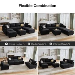 HONBAY Modular Sectional Sofa Set Oversized U Shaped Couch With Storage Ottoman Convertible Sleeper Sectional Sofa Velvet Modular Couch With Wide Chaise, Black -Songmics Furniture Shop 51SR3eb4WGL