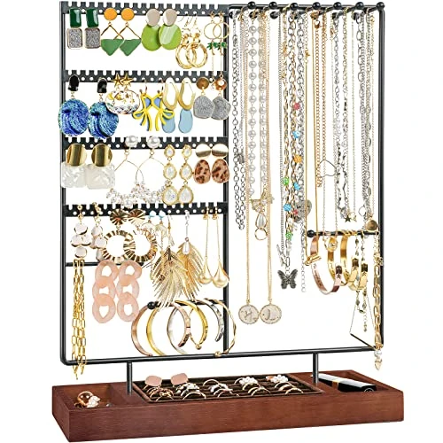 ProCase Jewelry Holder Organizer Earring Stand, 144 Holes Stud Earring Display Rack Necklace Storage Tower With Removable Wood Ring Tray -Black 1 ProCase Jewelry Holder Organizer Earring Stand, 144 Holes Stud Earring Display Rack Necklace Storage Tower With Removable Wood Ring Tray -Black