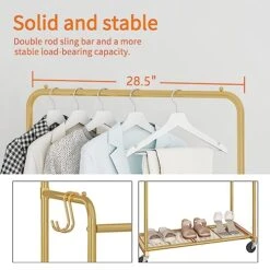 Ekisemio Double Rod Rolling Clothes Garment Rack, Heavy Duty Clothing Rolling Rack On Wheels For Hanging Clothes,with 4 Hooks, Gold 8 Ekisemio Double Rod Rolling Clothes Garment Rack, Heavy Duty Clothing Rolling Rack On Wheels For Hanging Clothes,with 4 Hooks, Gold -Songmics Furniture Shop 51SVMV9FUlL