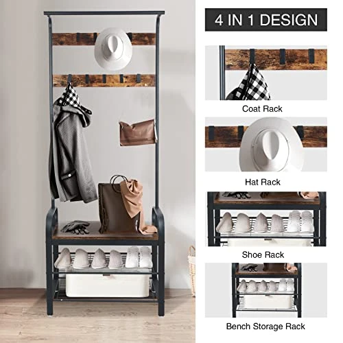 Entryway Coat Rack With Shoe Storage, Hall Tree With Bench, Coat Rack With 9 Removable Hooks And A Hanging Rod, Entryway Shoe Rack Organizer With Metal Frame 28.1*13.7*72.1 Inches (Rustic Brown) 3 Entryway Coat Rack With Shoe Storage, Hall Tree With Bench, Coat Rack With 9 Removable Hooks And A Hanging Rod, Entryway Shoe Rack Organizer With Metal Frame 28.1*13.7*72.1 Inches (Rustic Brown) - Image 3