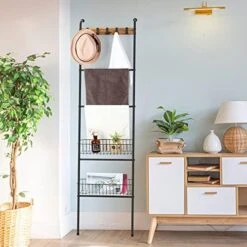 OYEAL Blanket Ladder Farmhouse Decorative Ladder Holder With Storage Shelf, Wall Leaning Towel Racks For Bathroom, Living Room, Bedroom, Laundry Room, Black 15 OYEAL Blanket Ladder Farmhouse Decorative Ladder Holder With Storage Shelf, Wall Leaning Towel Racks For Bathroom, Living Room, Bedroom, Laundry Room, Black -Songmics Furniture Shop 51StvNu4DCL. AC